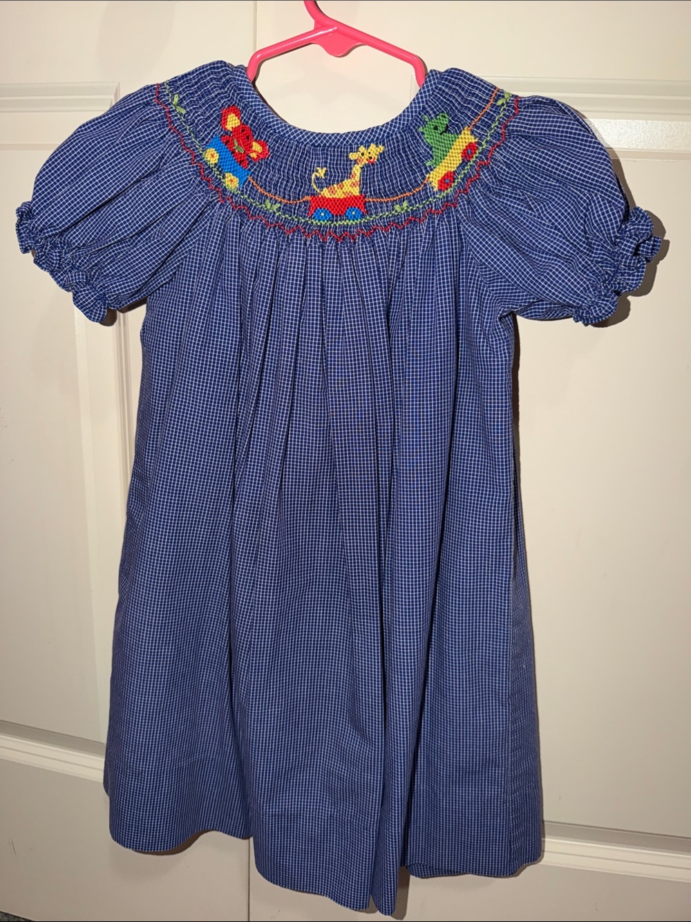Blue Gingham Smocked Kids Dress with Colorful Animal Motif